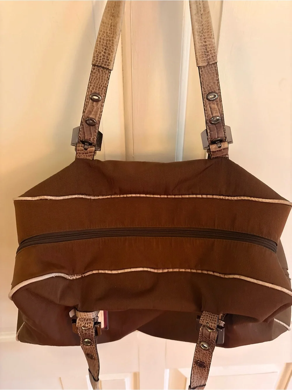 Vintage Adrienne Vittadini Brown Nylon Satchel Faux Croc Leather Duffel/Tote Bag